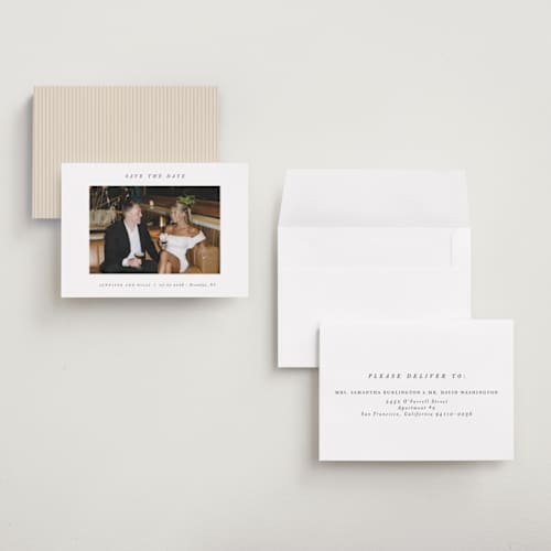 This is a chantilly petite save the dates with standard by Pippa Shaw called espresso printing on recycled smooth signature in petite