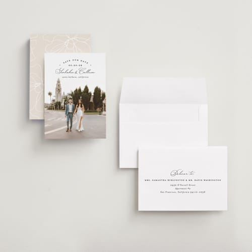 This is a onyx petite save the dates with standard by Erica Krystek called arched type printing on recycled smooth signature in petite