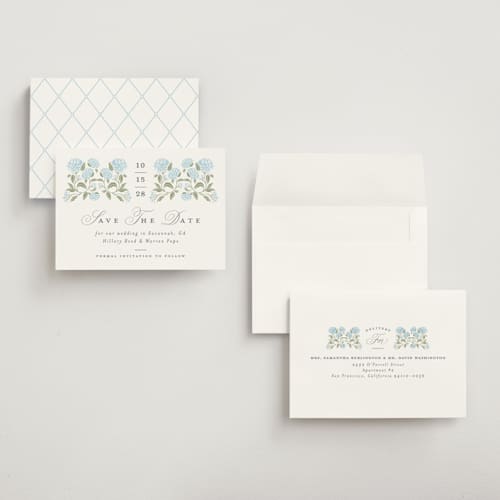 This is a nantucket petite save the dates with standard by Susan Zinader called hydrangea hedge printing on signature in petite