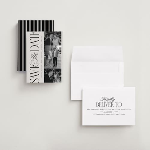 This is a stone petite save the dates with standard by Laura Hankins called sideline printing on recycled smooth signature in petite