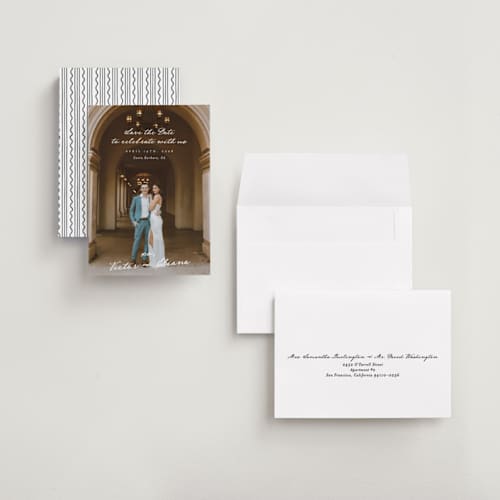 This is a ivory petite save the dates with standard by Alethea and Ruth called celebration xo printing on recycled smooth signature in petite