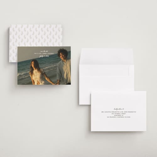 This is a snow petite save the dates with standard by Kate Ahn called alma printing on recycled smooth signature in petite