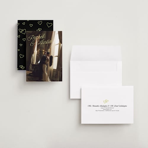 This is a citrus petite save the dates with standard by Lindsay Megahed called savannah printing on recycled smooth signature in petite