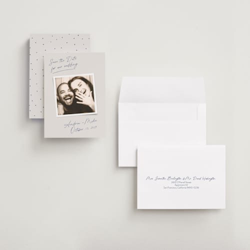 This is a mist petite save the dates with standard by Side Note Design called candid ink printing on recycled smooth signature in petite
