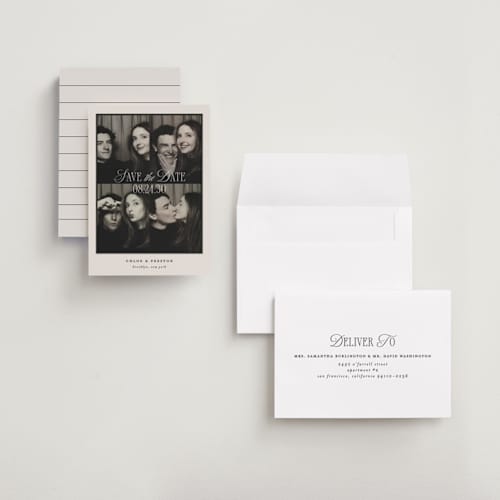This is a tan petite save the dates with standard by Ashley Iwafuchi called sweet snapshot printing on recycled smooth signature in petite