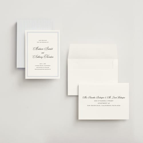 This is a bluebell petite save the dates with standard by Vanessa Doyle called triple border printing on signature in petite