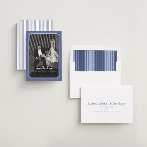 This is a blueberry save the date with standard by Carolyn MacLaren called deluxe printing on recycled smooth signature in standard
