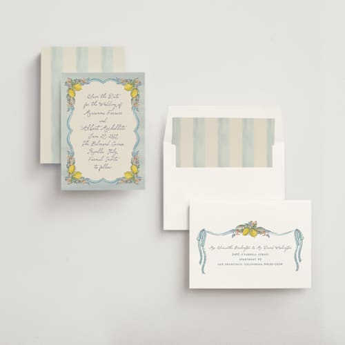 This is a aqua save the date with standard by Chris Griffith called amalfi coast wedding printing on signature in standard