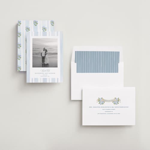 This is a ocean save the date with standard by Creo Study called coastal crest printing on recycled smooth signature in standard