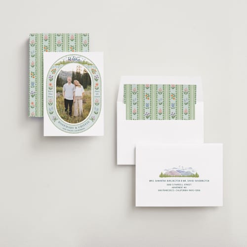 This is a pine save the date with standard by Paper Sun Studio called river valley printing on recycled smooth signature in standard