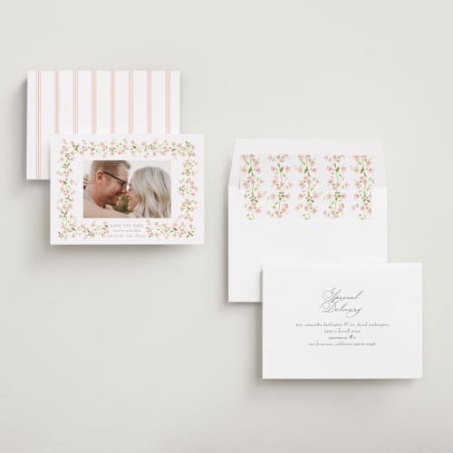 This is a peony save the date with standard by Baumbirdy called rosebud printing on recycled smooth signature in standard