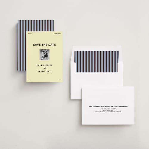 This is a butter save the date with standard by Studio Suku called courthouse printing on recycled smooth signature in standard