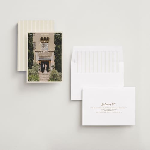 This is a cream save the date with standard by Ellen Schlegelmilch called sylvia printing on recycled smooth signature in standard