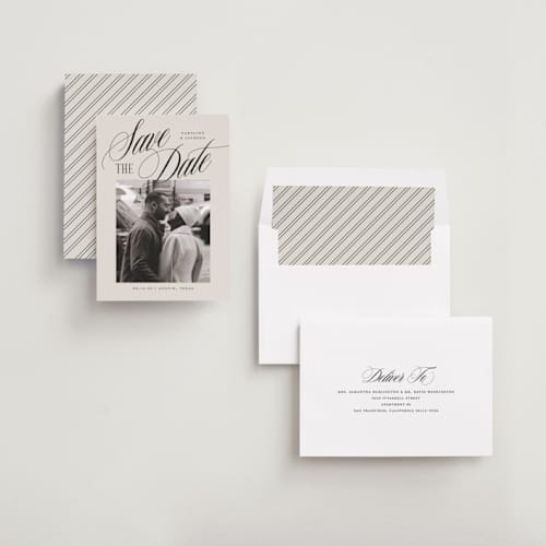 This is a buttercream save the date with standard by Jessica Williams called belmont printing on recycled smooth signature in standard