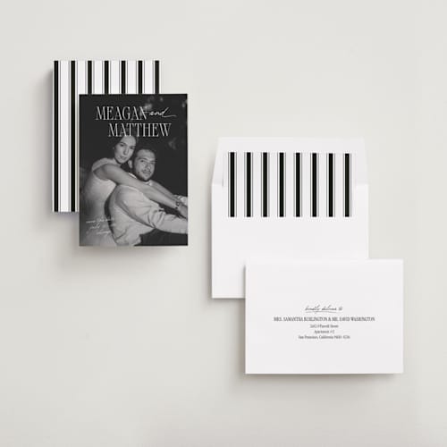 This is a pearl save the date with standard by Mellary Bitner called cover shot printing on recycled smooth signature in standard