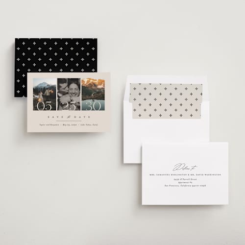 This is a ecru save the date with standard by Erica Krystek called simple trio printing on recycled smooth signature in standard