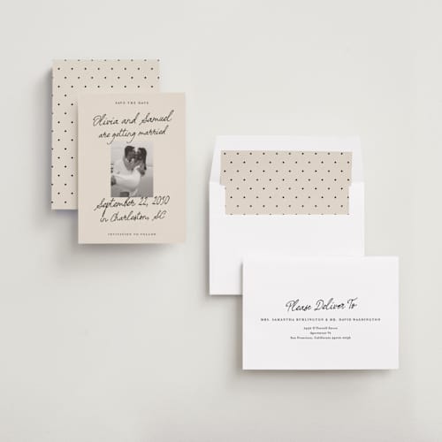 This is a linen save the date with standard by Kercia Jane called written in love printing on recycled smooth signature in standard