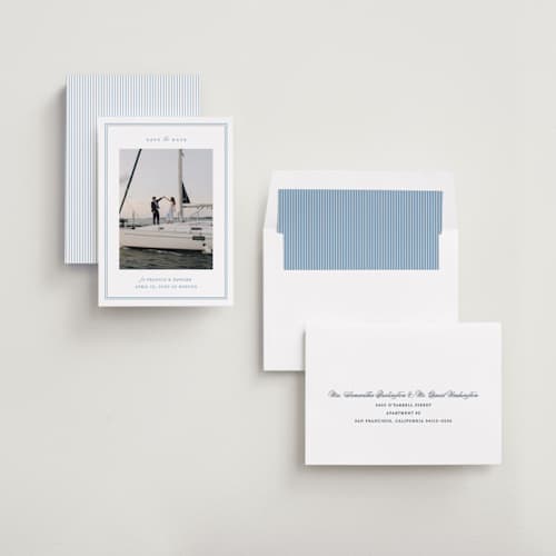 This is a ocean save the date with standard by Carolyn MacLaren called boathouse printing on recycled smooth signature in standard