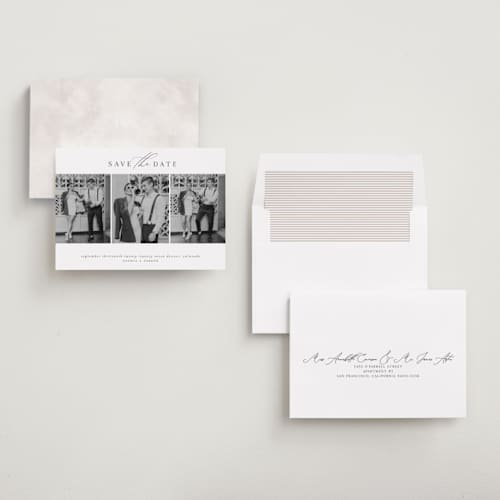This is a dusk save the date with standard by Grace Kreinbrink called scripted multi printing on recycled smooth signature in standard