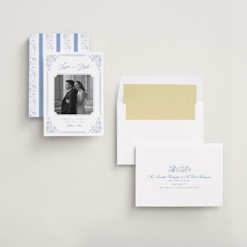 This is a sky save the date with standard by Robert and Stella called constance printing on recycled smooth signature in standard