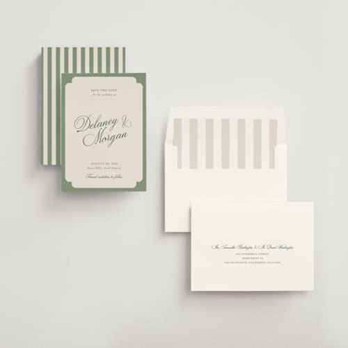 This is a olive save the date with standard by Cass Loh called classic bold border printing on signature in standard