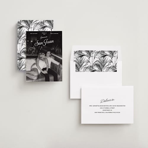This is a snow save the date with standard by Inkblot Design called vintage trip printing on recycled smooth signature in standard