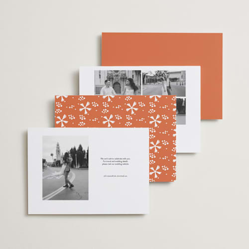 This is a tangerine save the date with standard by Jelena Vuletic called imprint printing on recycled smooth signature in standard