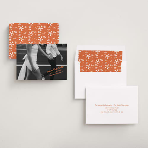 This is a tangerine save the date with standard by Jelena Vuletic called imprint printing on recycled smooth signature in standard