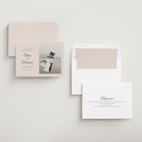 This is a blush save the date with standard by Ellen Schlegelmilch called harrison printing on recycled smooth signature in standard