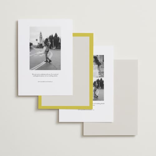 This is a citron save the date with standard by Blustery August called mille-feuille printing on recycled smooth signature in standard