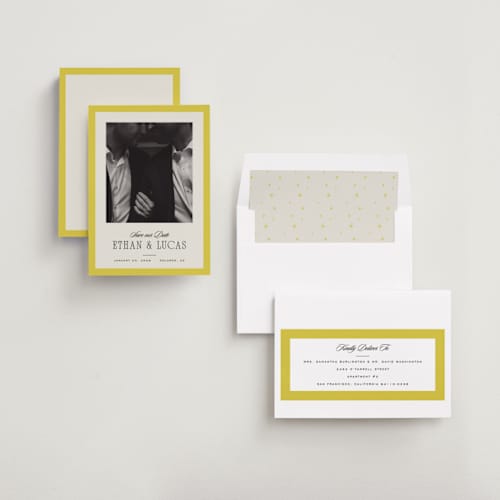 This is a citron save the date with standard by Blustery August called mille-feuille printing on recycled smooth signature in standard