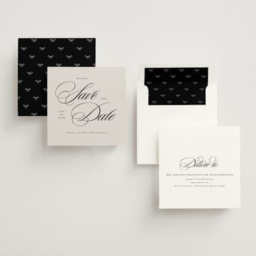 This is a vanilla save the date with standard by Michelle Taylor called square script printing on signature in square