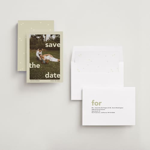 This is a mint save the date with standard by Lori Wemple called save.the.date printing on recycled smooth signature in standard