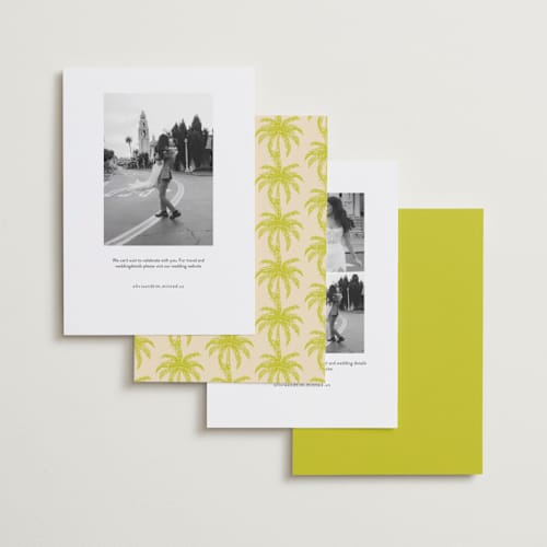This is a limon save the date with standard by Megan Davis called palm beach printing on recycled smooth signature in standard