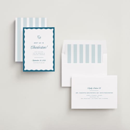 This is a ocean save the date with standard by Kelly Schmidt called meet us printing on signature in standard