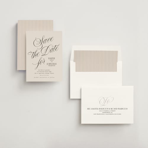 This is a linen save the date with standard by Kate Ahn called mirin printing on signature in standard