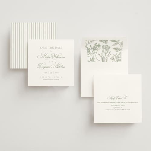 This is a garden save the date with standard by Kelly Schmidt called chic script printing on signature in square