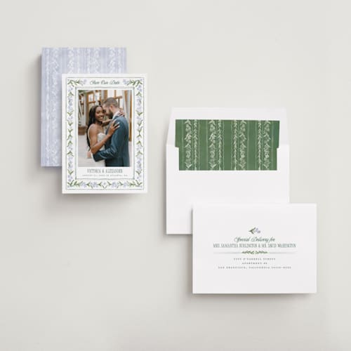 This is a wisteria save the date with standard by Jenna Holcomb called vintage sketched printing on recycled smooth signature in standard