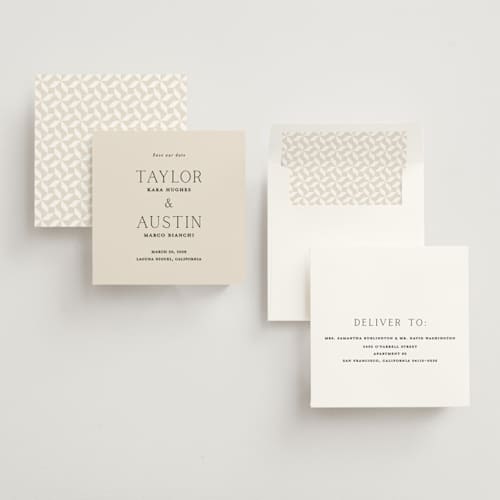 This is a linen save the date with standard by Vanessa Doyle called in love printing on signature in square