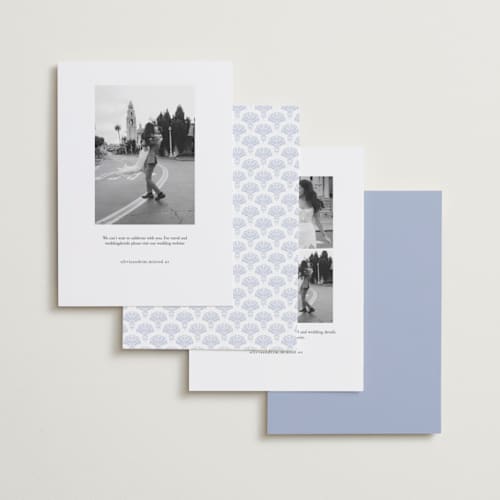 This is a pale cerulean save the date with standard by Sabrin Deirani called ocean dreams printing on recycled smooth signature in standard