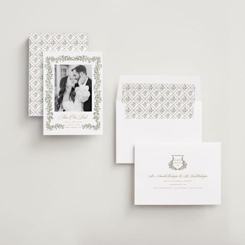 This is a lake save the date with standard by Leah Bisch called arbour printing on recycled smooth signature in standard