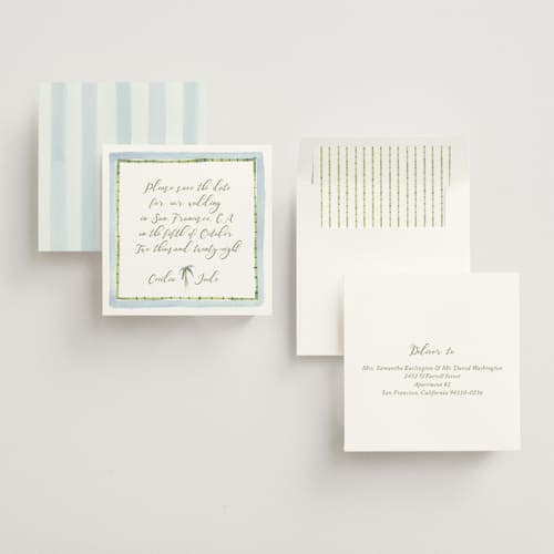 This is a celeste save the date with standard by Pati Cascino called alento printing on signature in square