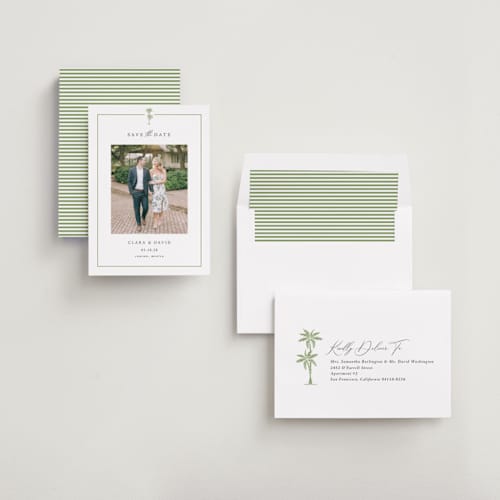 This is a leaf save the date with standard by Olivia Raufman called palm monogram printing on recycled smooth signature in standard