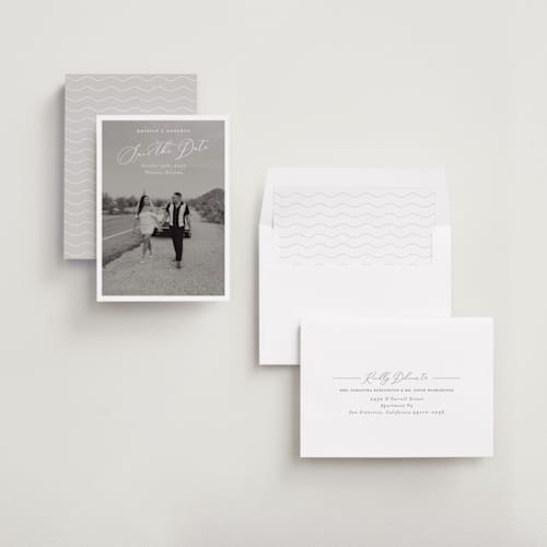 This is a bianco save the date with standard by Pati Cascino called toulon printing on recycled smooth signature in standard