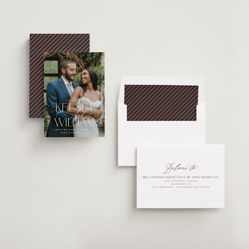 This is a pearl save the date with standard by Brooke Chandler called l'amour printing on recycled smooth signature in standard