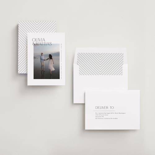 This is a silk save the date with standard by Kelly Schmidt called overlapped printing on recycled smooth signature in standard