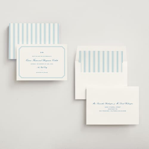 This is a marine blue save the date with standard by Megan Davis called brasserie printing on signature in standard
