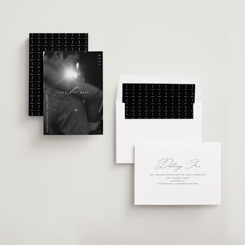 This is a pearl save the date with standard by Christie Garcia called focal printing on recycled smooth signature in standard