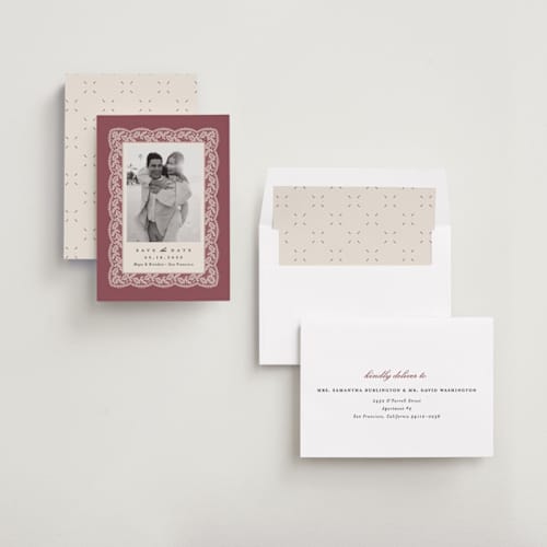 This is a mauve save the date with standard by Erica Krystek called chantilly printing on recycled smooth signature in standard