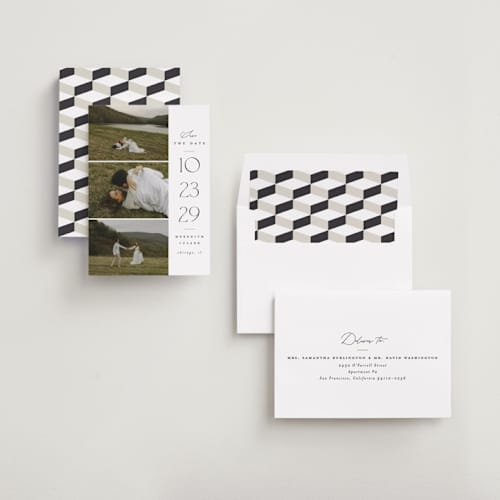 This is a cotton save the date with standard by Carolyn Nicks called elegant trio printing on recycled smooth signature in standard